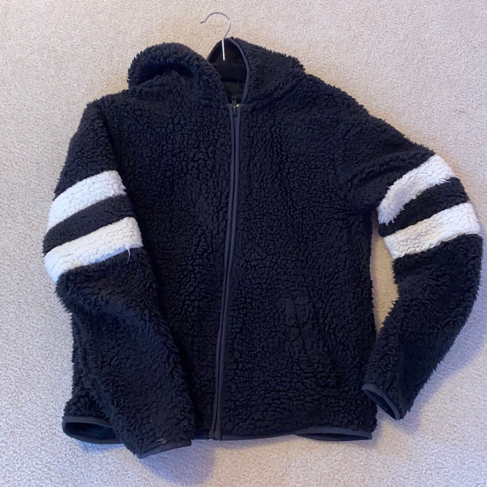 Hooded black and white fuzzy coat